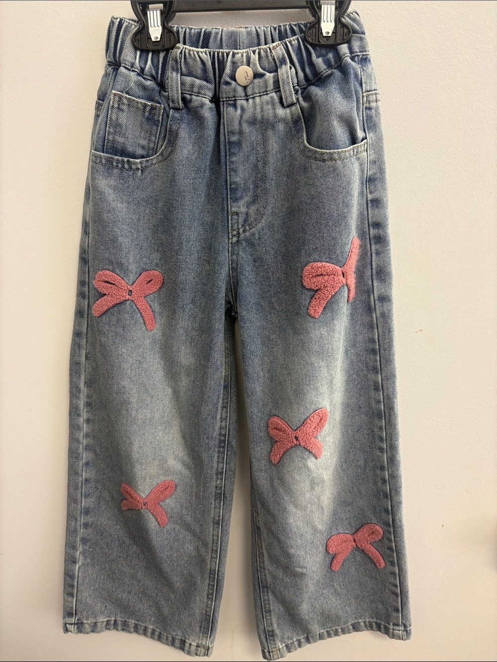 Kids Denim Jeans with Pink Bow Appliqués